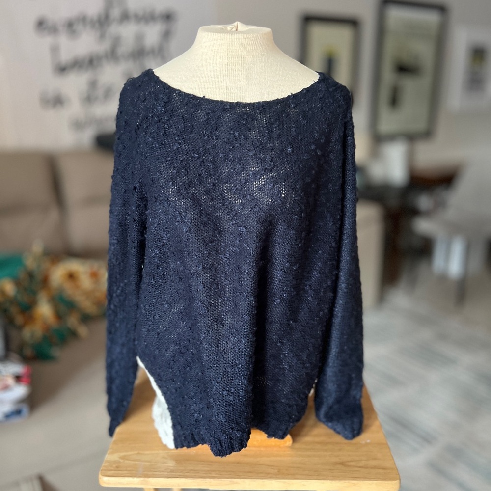 Monteau Large Dark Blue Navy Lace Swiss Dots Sweater